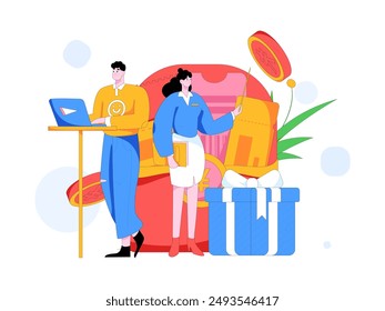 Utilice sobres rojos para atraer nuevos clientes y promover la actividad. Ilustración de concepto de personaje de Vector plano
