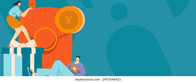 Utilice sobres rojos para atraer nuevos clientes y promover la actividad. Ilustración de concepto de personaje de Vector plano
