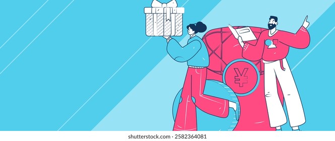 Use red envelopes to attract new customers and promote activity. Flat vector character concept illustration
