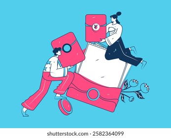 Use red envelopes to attract new customers and promote activity. Flat vector character concept illustration

