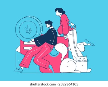 Use red envelopes to attract new customers and promote activity. Flat vector character concept illustration
