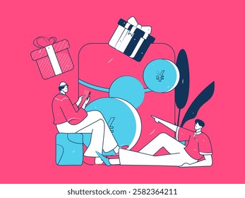 Use red envelopes to attract new customers and promote activity. Flat vector character concept illustration
