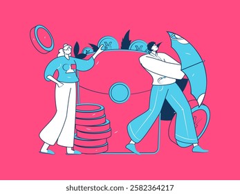 Use red envelopes to attract new customers and promote activity. Flat vector character concept illustration
