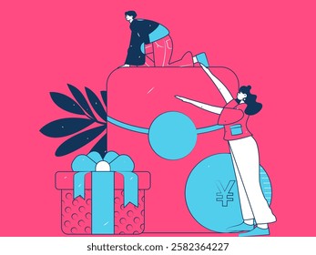 Use red envelopes to attract new customers and promote activity. Flat vector character concept illustration
