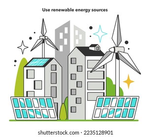 Use renewable energy sources for energy efficiency in the city. Municipal electricity consumption reduction, modernisation of city environment. Flat vector illustration