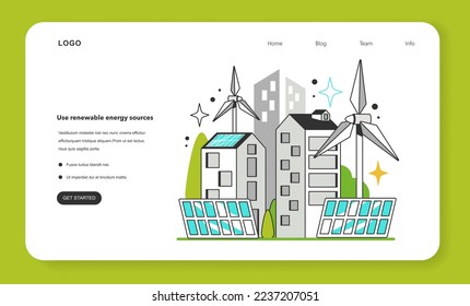 Use renewable energy sources for energy efficiency in the city. Municipal electricity consumption reduction, modernisation of city environment. Flat vector illustration
