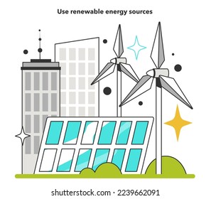 Use renewable energy sources for energy efficiency at work. How to low office utility cost, electricity consumption reduction. Inflation or economic recession effect. Flat vector illustration