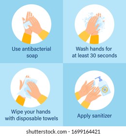 use sanitizer. instruction stages proper care of hands washing,