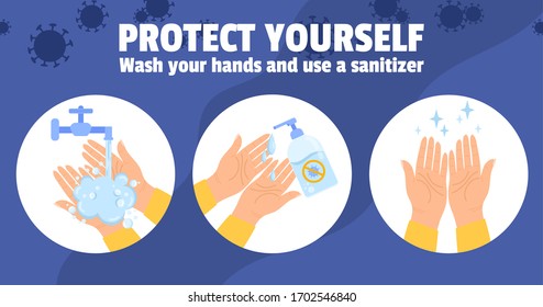 use sanitizer. instruction stages proper care of hands washing,