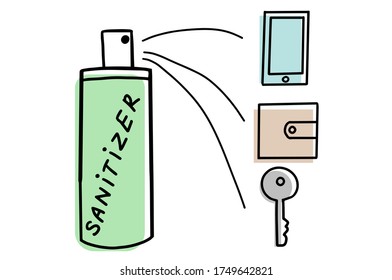 Use sanitizer. Smartphone, keys, wallet and a bottle of disinfectant to clean them. Hand drawn lines cartoon icon. Coronavirus, covid-19 protection concept. Antiseptic, antibacterial. 