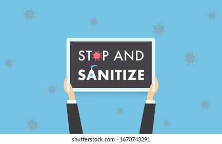 Use sanitizer to stay away from germs. Use rubbing alcohol on the go. A man holding board to educate people to use sanitizer against coronavirus. Protection from Covid-19 virus.