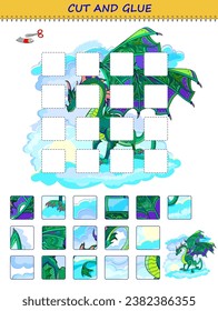 Use a scissors to cut and glue the cute dragon. Logic puzzle game. Educational page for children. Printable template with exercise for kids. Cutting and hardworking skills. Flat vector illustration.