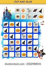 Usa unas tijeras para cortar y pegar los artículos de Halloween en orden. Sudoku lógica juego de puzzle. Página educativa para niños. Plantilla imprimible para niños. Habilidades de corte y trabajo manual. Imagen de Vector.