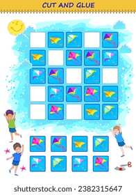 Use a scissors to cut and glue the kites in order. Logic Sudoku puzzle game. Educational page for children. Printable template with exercise for kids. Cutting and handwork skills. Vector illustration