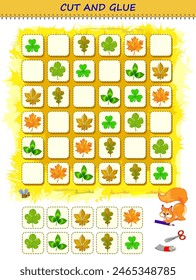 Utilice unas tijeras para cortar y pegar las hojas en orden. Juego de rompecabezas de Sudoku lógica. Página educativa para niños. Plantilla imprimible con ejercicio para niños. Habilidades de corte y trabajo manual. Vector Imagen.