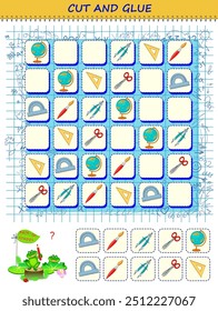 Use a scissors to cut and glue school items in order. Back to school. Logic Sudoku puzzle game. Educational page for children. Printable template for kids. Cutting and handwork skills. Vector image