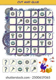 Use a scissors to cut and glue the screws in order. Logic Sudoku puzzle game. Educational page for children. Printable template with exercise for kids. Cutting and handwork skills. Vector image.