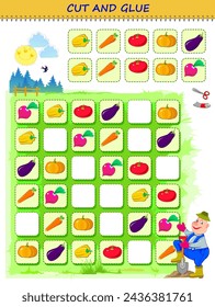 Use a scissors to cut and glue the vegetables in order. Logic Sudoku puzzle game. Educational page for children. Printable template with exercise for kids. Cutting and handwork skills. Vector image.