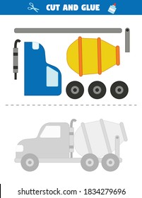 Use scissors to cut parts of the car and glue them into a pattern. Educational printable game for children. Transportation theme.  Cement mixer car. Cut and glue task. 