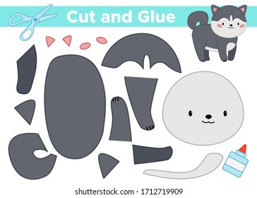 Use scissors and glue create cute kawaii husky dog. Paper educational creative game for children. Activity worksheet.