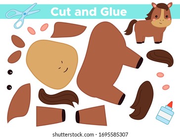 Use Scissors And Glue Create Funny Kawaii Horse. Educational Paper Game For Children. Activity Worksheet. Farm Animals.