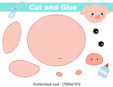 Use scissors and glue create funny kawaii pig. Learn farm animals. Educational paper game for preschool children. 