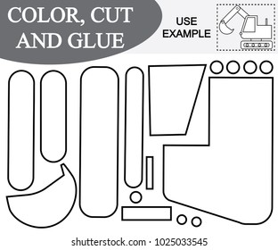 Use scissors and glue to create the image of excavator (transport) and color. Vector illustration. Game for children.