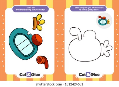 Use scissors and glue. Educational paper game for children. Submarine cartoon