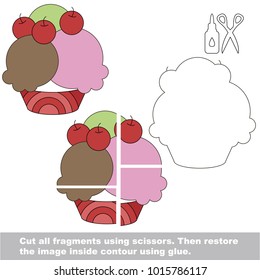 Use scissors and glue and restore the picture inside the contour. Easy educational paper game for kids. Simple kid application with Fast Food Ice Cream with Cherry