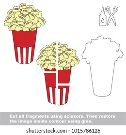 Use scissors and glue and restore the picture inside the contour. Easy educational paper game for kids. Simple kid application with Fast Food Popcorn Corn