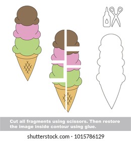 Use scissors and glue and restore the picture inside the contour. Easy educational paper game for kids. Simple kid application with Fast Food Ice Cream