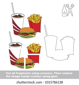 Use scissors and glue and restore the picture inside the contour. Easy educational paper game for kids. Simple kid application with Fast Food Meal