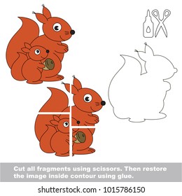 Use scissors and glue and restore the picture inside the contour. Easy educational paper game for kids. Simple kid application with Mother and her Baby Red Squirrel
