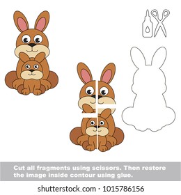 Use scissors and glue and restore the picture inside the contour. Easy educational paper game for kids. Simple kid application with Mother and her Baby Rabbit