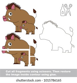 Use scissors and glue and restore the picture inside the contour. Easy educational paper game for kids. Simple kid application with Mother and her Baby Hog Pig