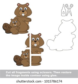 Use scissors and glue and restore the picture inside the contour. Easy educational paper game for kids. Simple kid application with Mother and her Baby Beaver