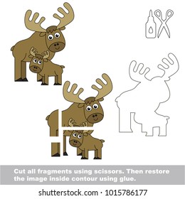 Use scissors and glue and restore the picture inside the contour. Easy educational paper game for kids. Simple kid application with Mother and her Baby Elk