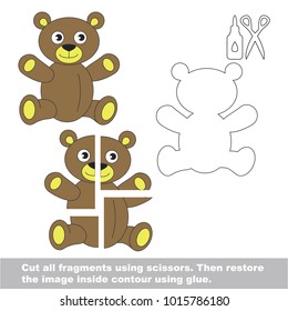 Use scissors and glue and restore the picture inside the contour. Easy educational paper game for kids. Simple kid application with Toy Brown Bear