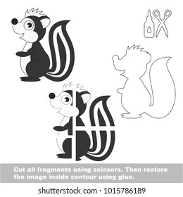 Use scissors and glue and restore the picture inside the contour. Easy educational paper game for kids. Simple kid application with Skunk