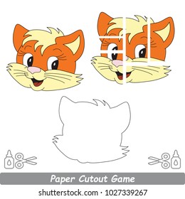 Use Scissors and Glue and Restore the Picture Inside the Contour. Easy Educational Paper Game for Kids. Simple Kid application with Beautiful Red Cat Kitten