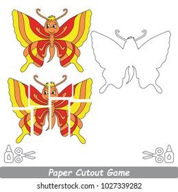 Use Scissors and Glue and Restore the Picture Inside the Contour. Easy Educational Paper Game for Kids. Simple Kid application with Beautiful Red Butterfly Insect