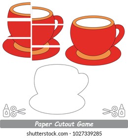 Use Scissors and Glue and Restore the Picture Inside the Contour. Easy Educational Paper Game for Kids. Simple Kid application with Beautiful Red Cup - Tea Pair