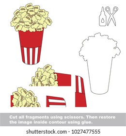 Use scissors and glue and restore the picture inside the contour. Easy educational paper game for kids. Simple kid application with Fast Food Pop Corn