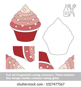 Use scissors and glue and restore the picture inside the contour. Easy educational paper game for kids. Simple kid application with Fast Food Pie