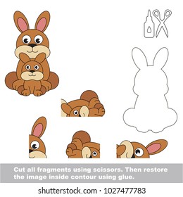 Use scissors and glue and restore the picture inside the contour. Easy educational paper game for kids. Simple kid application with Mother and her infant Hare Rabbit