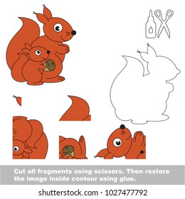 Use scissors and glue and restore the picture inside the contour. Easy educational paper game for kids. Simple kid application with Mother and her infant Squirrel