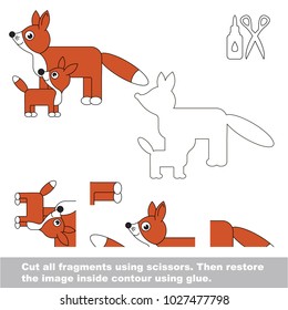 Use scissors and glue and restore the picture inside the contour. Easy educational paper game for kids. Simple kid application with Mother and her infant Red Fox