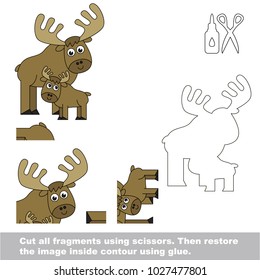 Use scissors and glue and restore the picture inside the contour. Easy educational paper game for kids. Simple kid application with Mother and her infant Elk