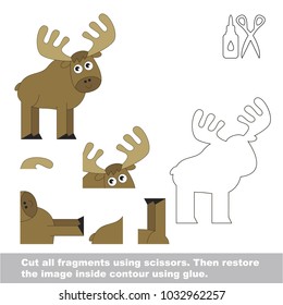 Use scissors and glue and restore the picture inside the contour. Easy educational paper game for kids. Simple kid application with Elk