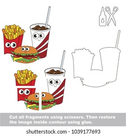 Use scissors and glue and restore the picture inside the contour. Easy educational paper game for kids. Simple kid application with Funny Fast Food